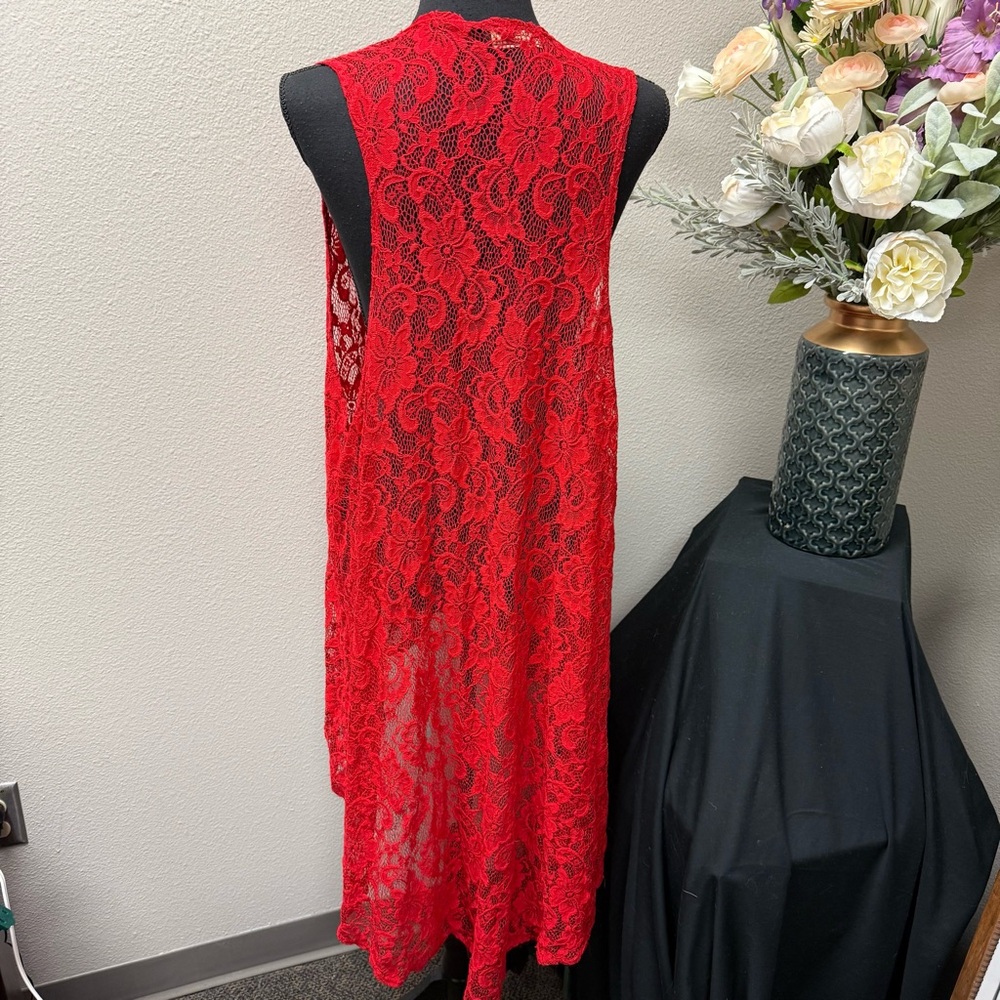 L&B Lucky & Blessed Red Lace Open Front Drape Vest Boho Layering Kimono - Picture 3 of 6